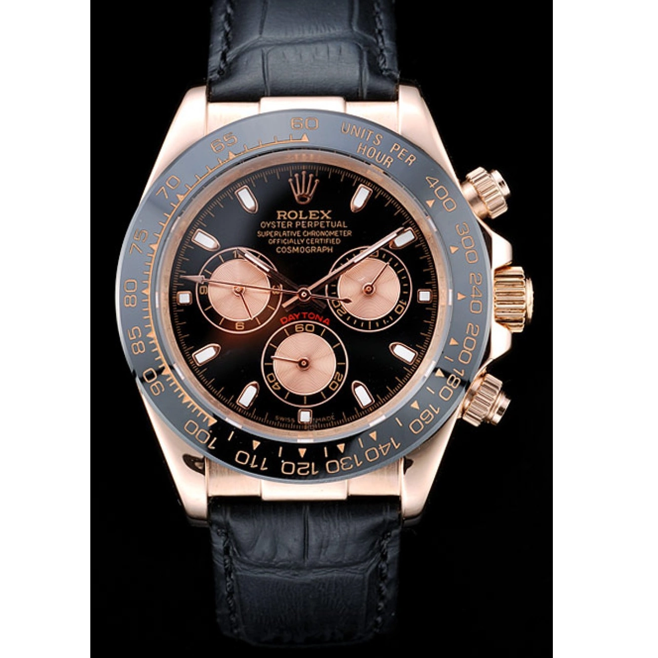 AAA Replica Watches Dial Daytona Black Gold Black Case Leather Rose Strap Rolex 0817